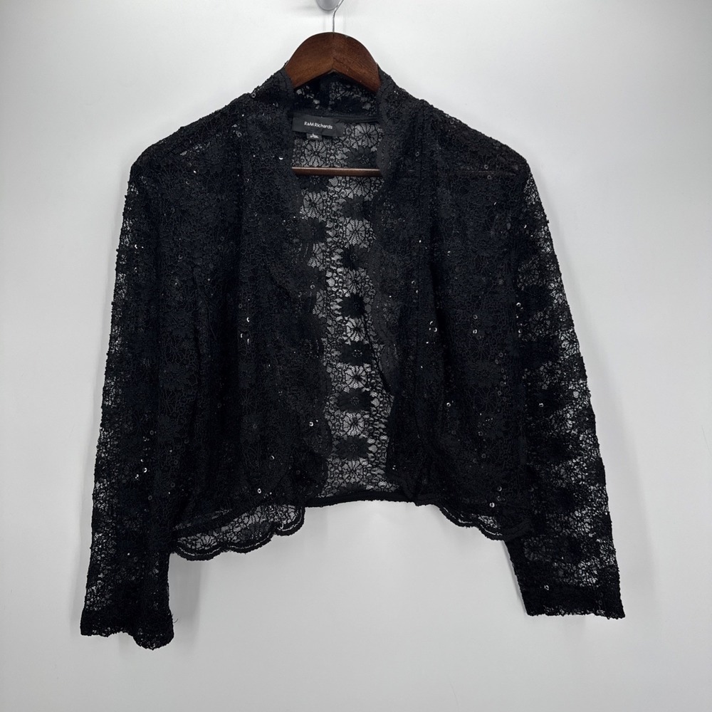 R&M Richards black lace open-front cropped jacket/bolero, made in the USA L
